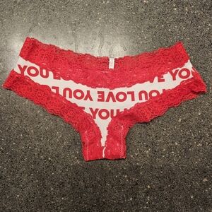 Pink by Victoria Secret, small, red and white lace cotton thong.